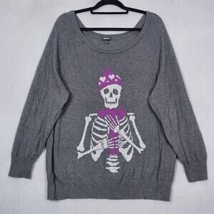Torrid Sweater Womens 2 Gray 100% Cotton Skeleton Skull Halloween Pirate